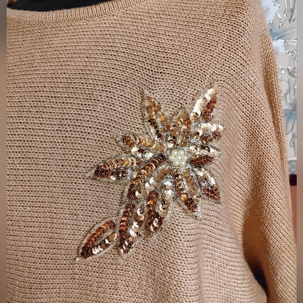 🔸🤎🔸Amazing Vtg 80's Mocha Caramel Tan Dolman Cable Knit Sequin Sweater - M/L - Picture 9 of 15